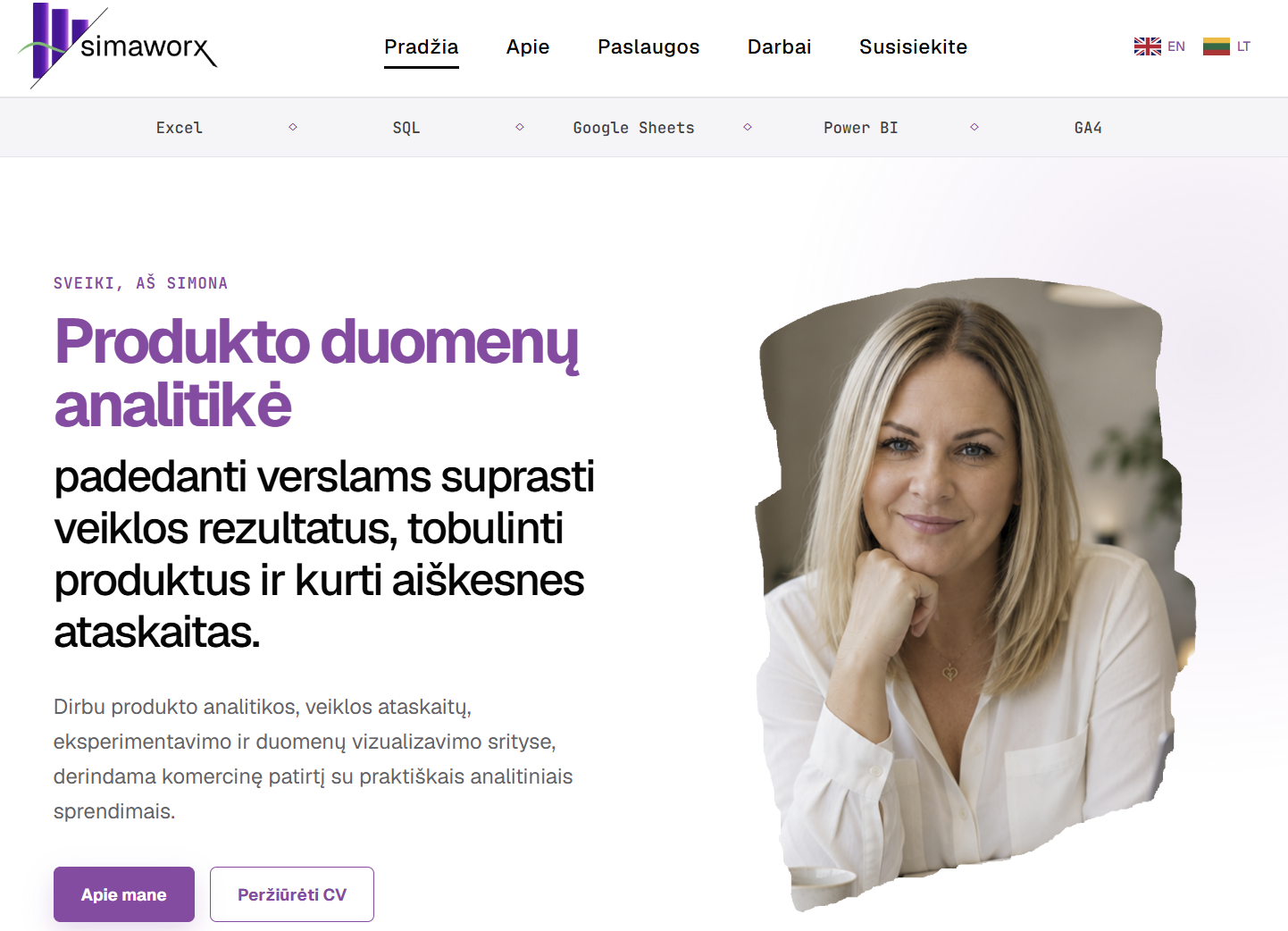Simaworx svetainės ekrano vaizdas