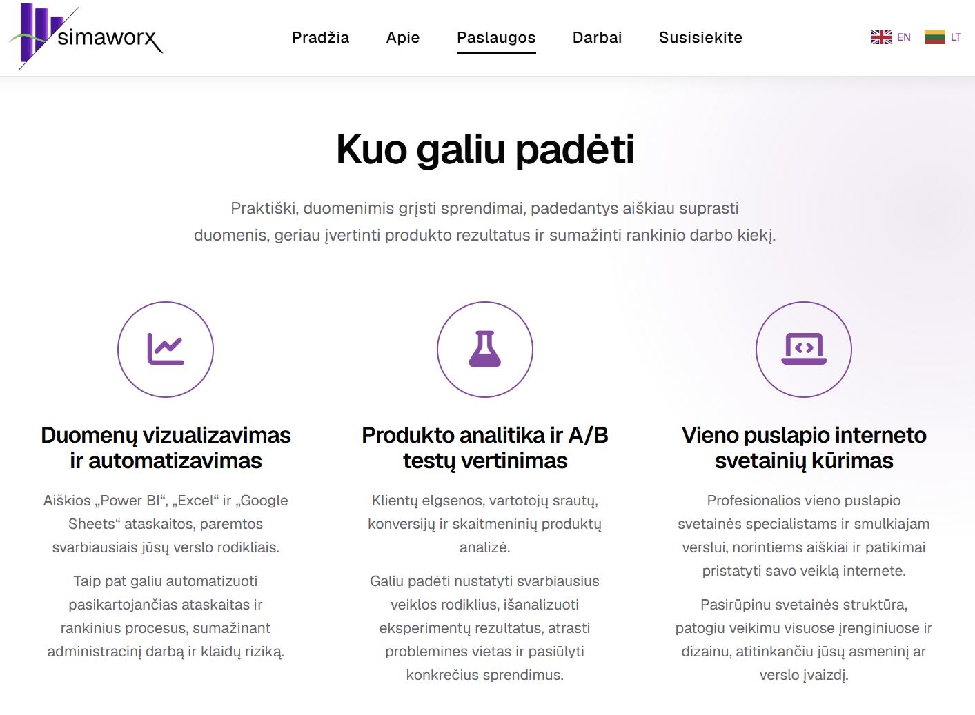 Simaworx svetainės ekrano vaizdas